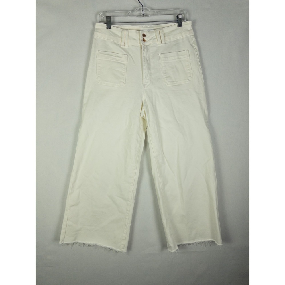 Judy Blue Wide Leg Crop Jeans Womens 11/30 Ivory Raw‎ Hem Patch Pocket Coastal